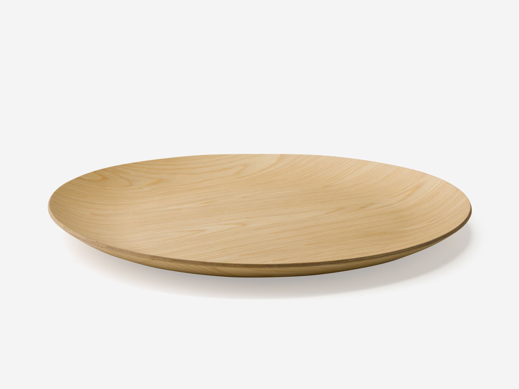 Small round oak serving tray side view